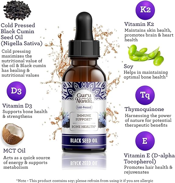 GURUNANDA BLACK SEED OIL, COLD-PRESSED NIGELLA SATIVA – RICH IN VITAMIN D3 5000 UNITS, K2 & E, HIGH THYMOQUINONE | POTENT ANTIOXIDANT FOR IMMUNE SUPPORT, NON-GMO, 2 FL.OZ