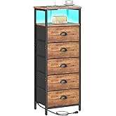 sthmec Nightstand with Charging Station,LED Night Stand with 5 Fabric Drawers, Bedside End Tables, 2-Tier Open Storage Shelf Side Table Nightstands with Drawers for Bedroom,Rustic Brown