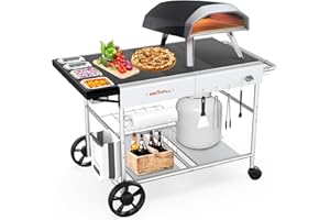 BBQMall Pizza Oven Cart Table for Ooni, with Pizza Topping Station, Heavy Duty & Movable Food and Prep Work Cart, Outdoor Grill Stand for Ninja Woodfire, Blackstone Griddle etc, Large 50" x 25" x 31"