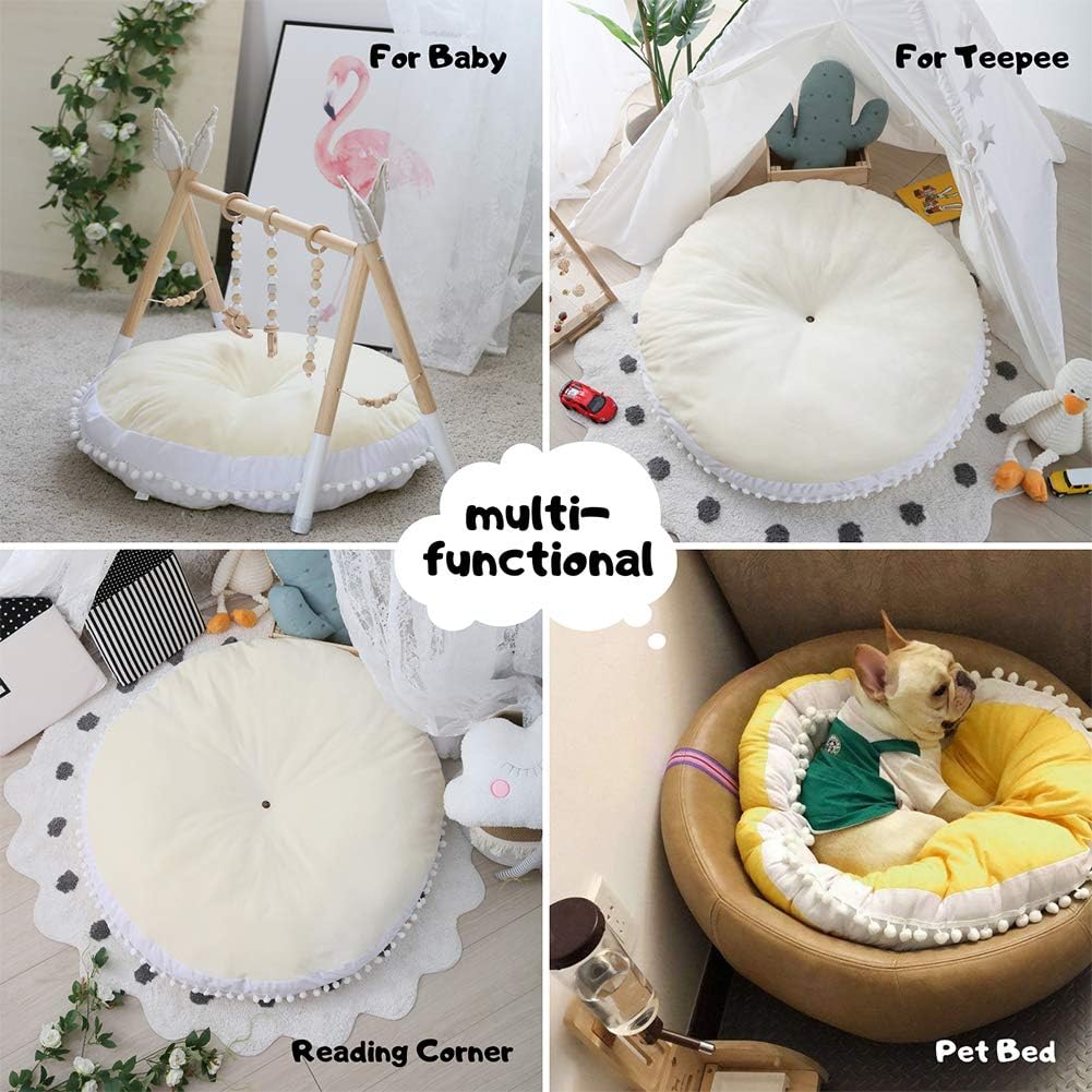 Kids Floor Pillow Cushion Seating Round Large Floor Cushion, Oversized Circle Pillow for Reading Nook Canopy Nursery Playroom Teepee Meditation, Soft Big Circular Cushion with Cute Pompom, Beige 23.6": Kitchen & Dining