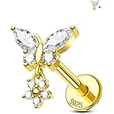 Jewseen 925 Sterling Silver Flat Back Stud Earrings 16G Gold Cartilage Stud Earring Butterfly Internally Threaded Helix Conch Tragus piercing Jewelry Flower Lip Nose Cartilage Piercing for Women