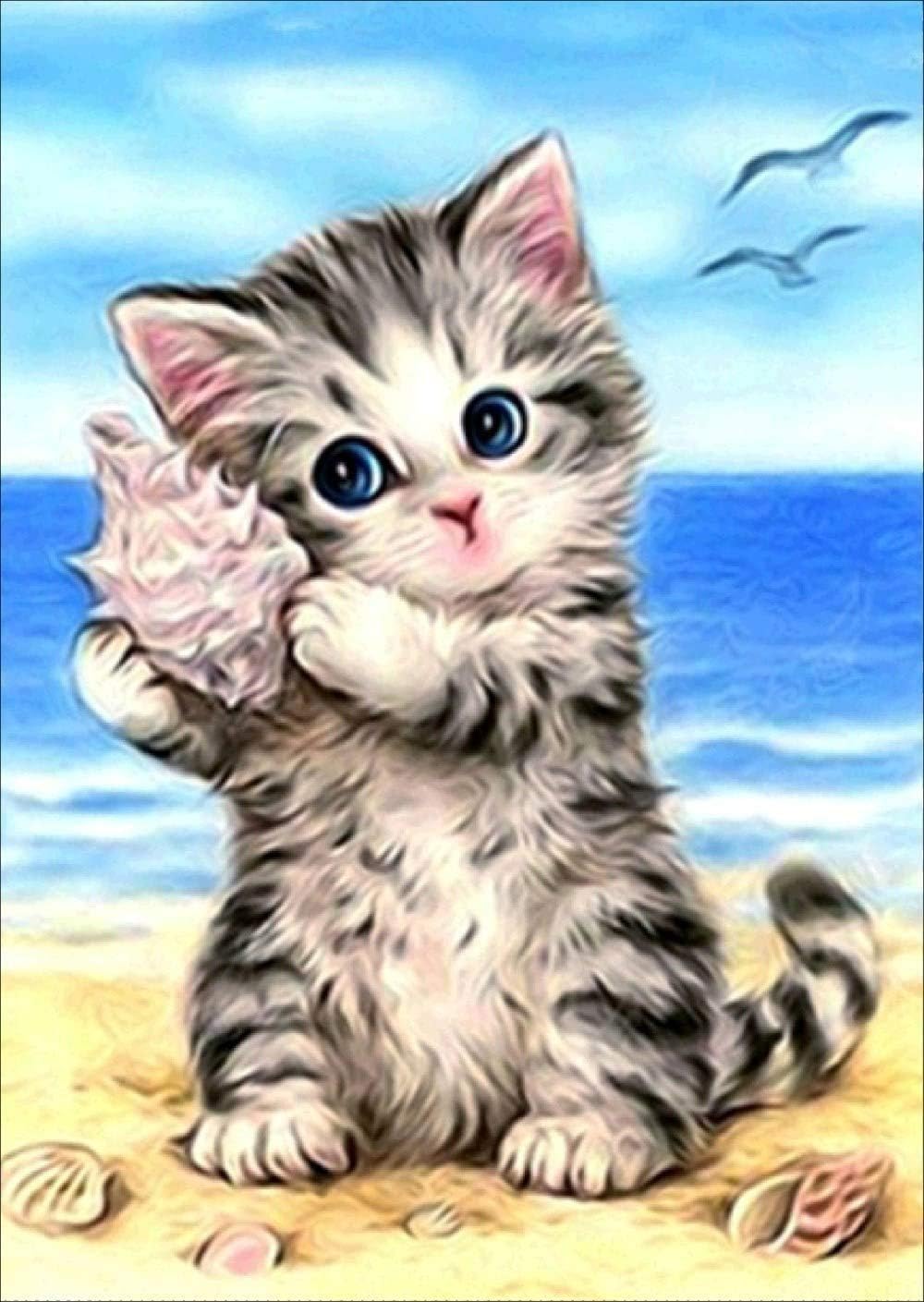 5D Full Drill Diamond Painting Kit, DIY Round Diamond Rhinestone Painting Kits Painting Cross Stitch Embroidery Pictures Arts Craft for Home Wall Decor (Cat with Seashell, 15.7x11.8 Inch)