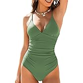 Women's One Piece Swimsuits Tummy Control Bathing Suits Deep V Neck for Women Ruched Push Up Vintage Retro Swimwear