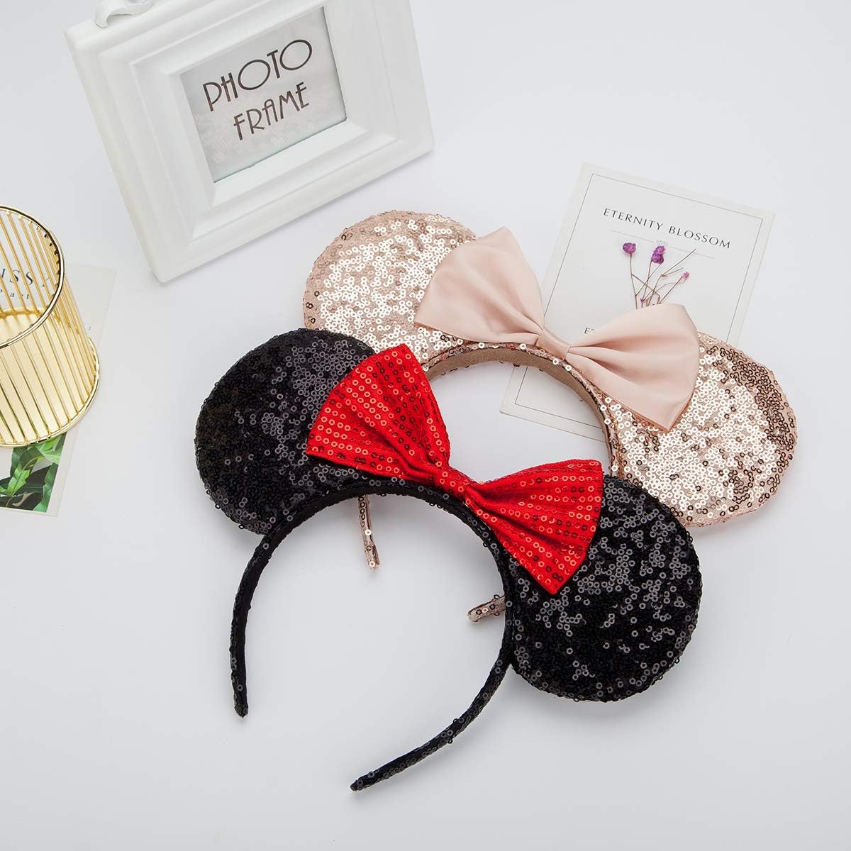 Mouse Ears headband,2pcs Sequin Headband Glitter Hairband for Baby Shower Headwear Halloween Theme Party Decorations (Red&Gold)）: Clothing