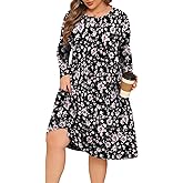 POSESHE Women's Plus Size Dresses Long Sleeves Crew Neck Casual Dresses Empire Waist Loose Flowy Dress with Pockets