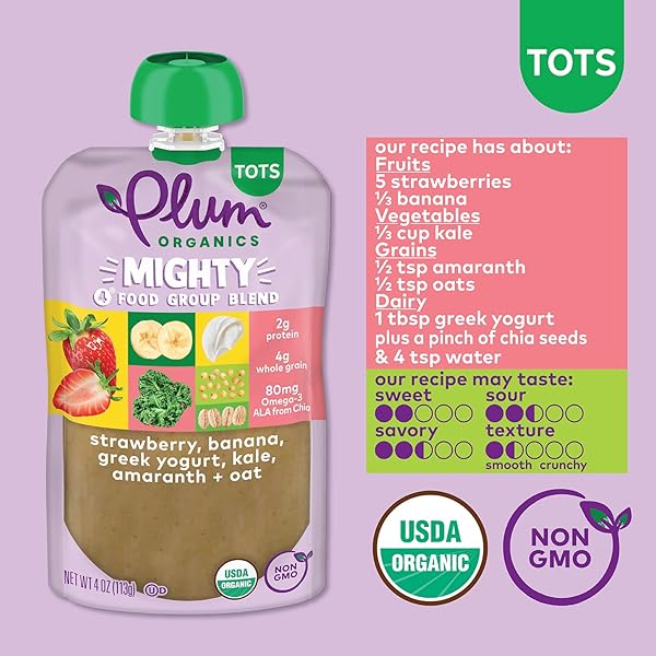 PLUM ORGANICS MIGHTY 4 ORGANIC TODDLER FOOD – STRAWBERRY, BANANA, GREEK YOGURT, KALE, AMARANTH, AND OAT – 4 OZ POUCH – ORGANIC FRUIT AND VEGETABLE TODDLER FOOD POUCH