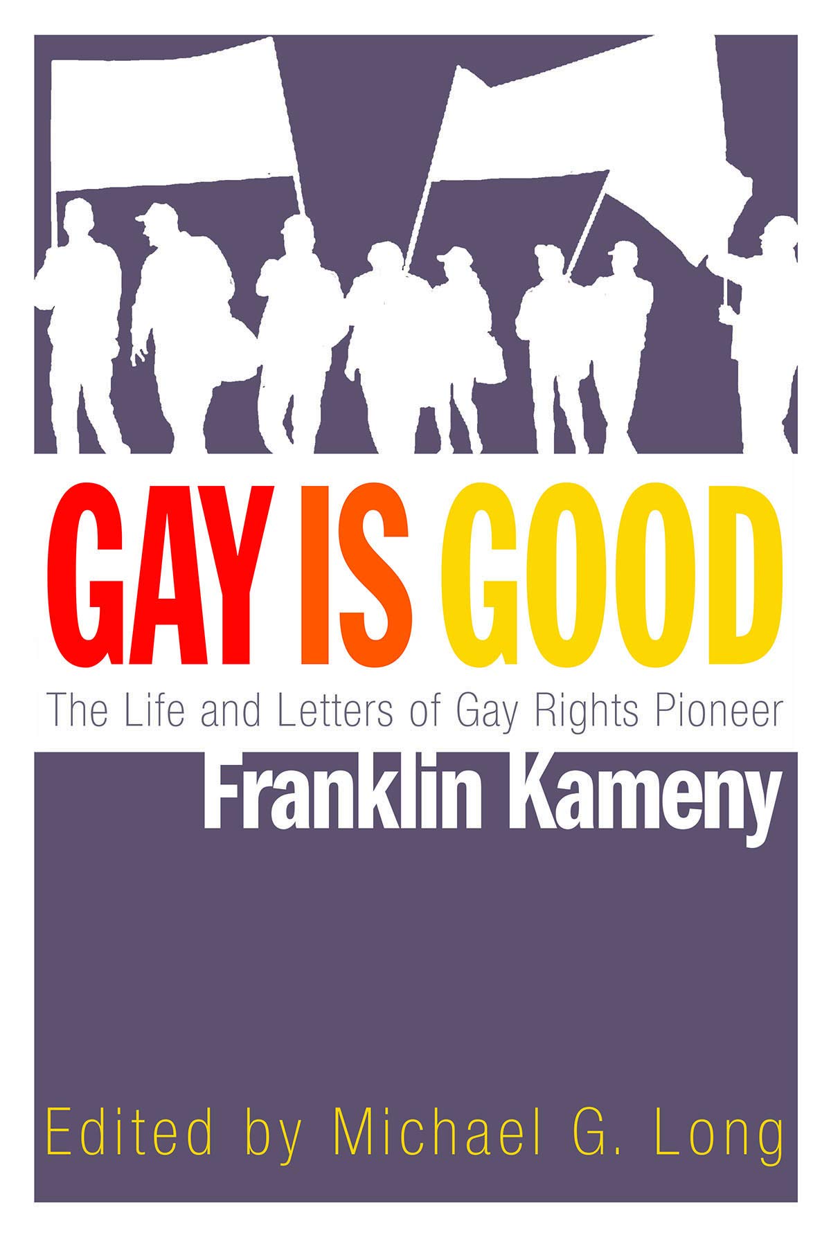 The cover of Gay is Good. There are white silhouettes of people holding flags on a grey background. 
