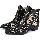 Women’s Western Ankle Boots Star Embroidered Cowgirl Boots Pointed Toe Low Heel with Metal Buckle for Festivals Concerts and Outdoor Adventures