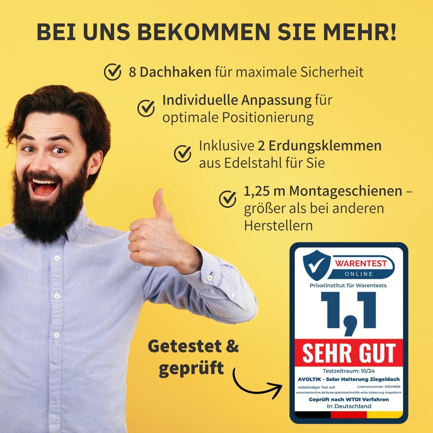 Avoltik Solar Halterung Ziegeldach I Set für 2 PV Module 30-40mm I Solarmodul Halterung Balkonkraftwerk I Solarmodulbefestigungsset für Ziegeldächer aus Edelstahl 1.4301 I PV-Halterung Montageset 5