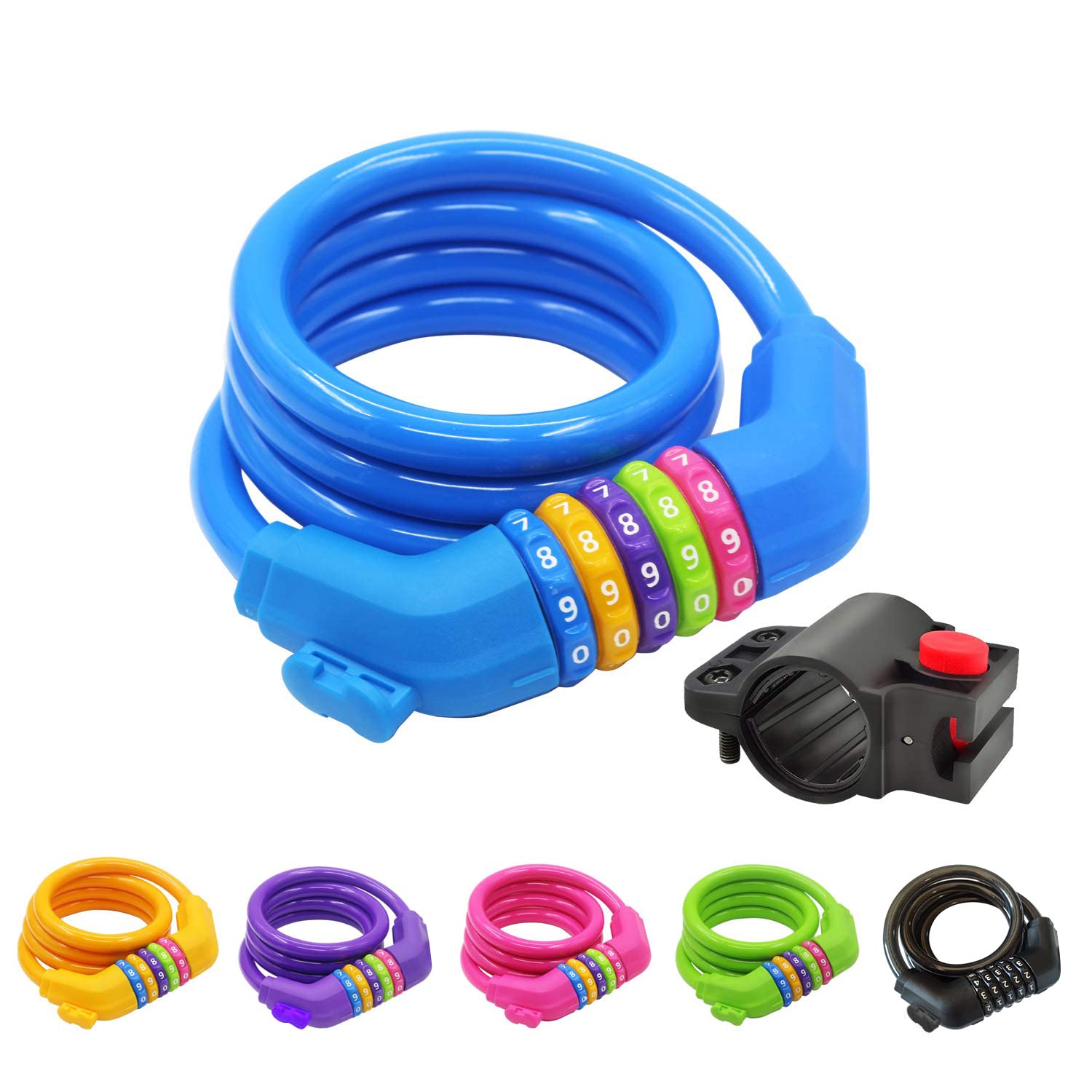 GOLDPOOL Bicycle Lock Combination Lock, 1200 mm x 12 mm, 5-Digit Combination Code, Multicolor, Self-Retracting, Weather Resistant, Bicycle Cable Lock with Bracket for Motorcycle