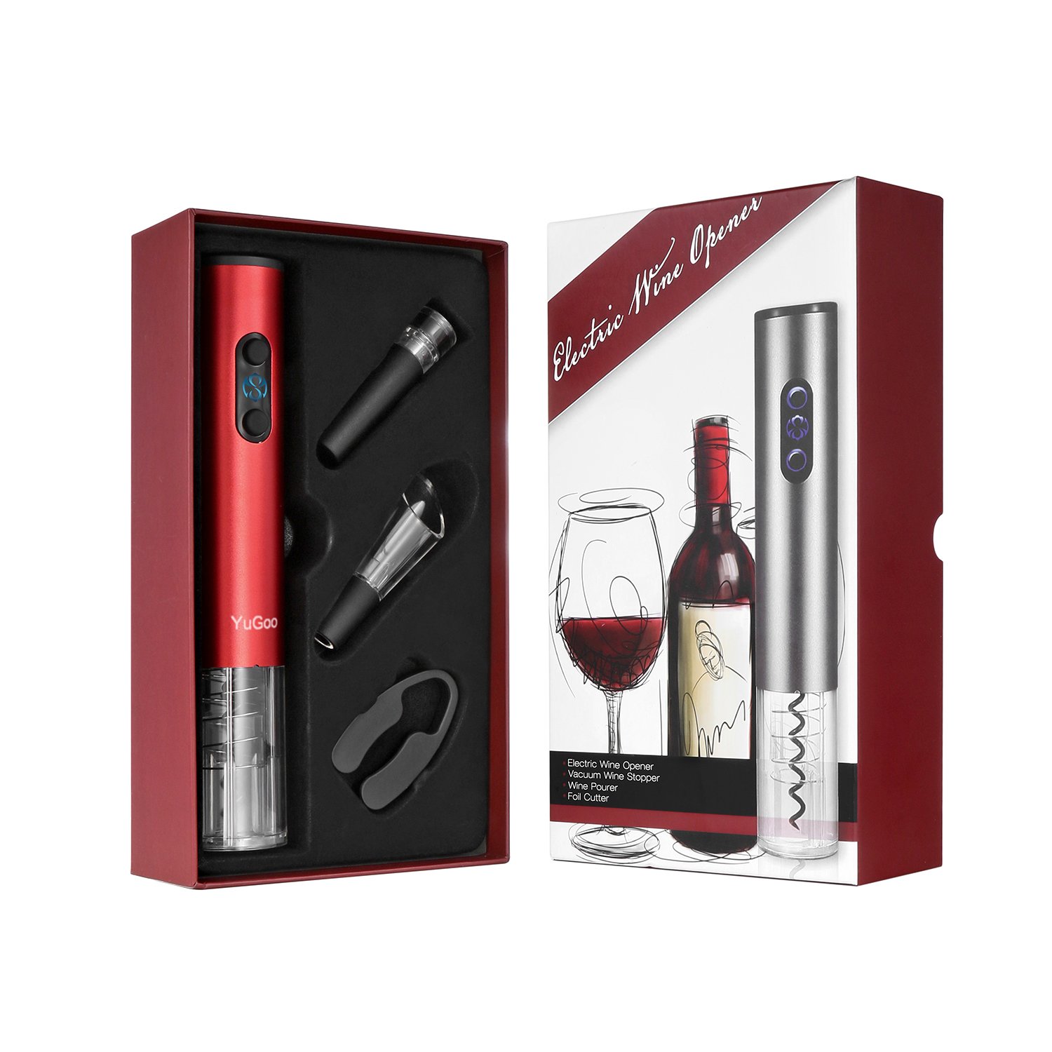 Wine Opener YUGOO Automatic Electric Bottle Opener with Foil Cutter, Vacuum Stopper, Wine Aerator Pourer as Gift Set, - Red