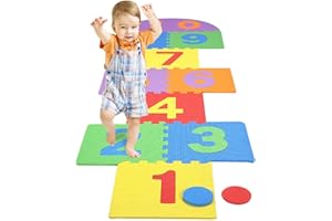 Atarvana Hopscotch Mat for Kids, 12"×12" Hopscotch Interlocking Foam Tiles, Easy to Assemble & Clean, Soft & Reliable EVA Hopscotch Rug, 10 Large Number Foam Play Mats for Most Surface 7 x 2 Ft