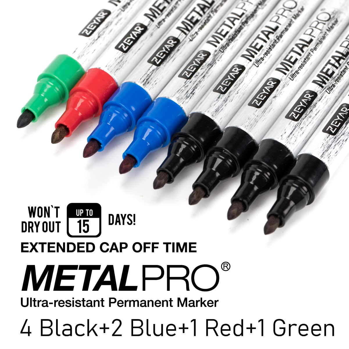 ZEYAR Permanent Markers, Medium Bullet Tip, Aluminum Barrel, Waterproof ink, Quick Dry, Great on Plastic,Wood,Stone,Metal and Glass (4 Black&2 Blue&1 Green&1 Red)