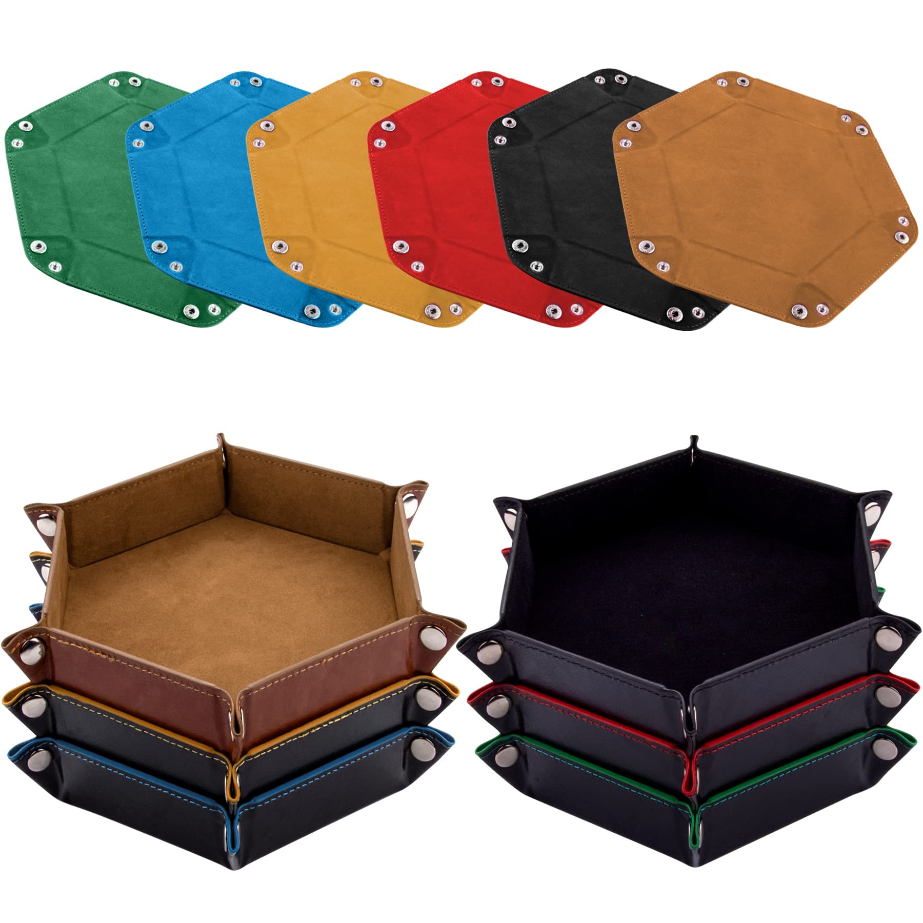 SIQUK 6 Pieces Dice Tray Hexagon Dice Rolling Holder PU Leather Folding Dice Trays for Dice Games Like RPG, DND and Other Table Games(Camel, Black, Red, Yellow, Blue, Green)
