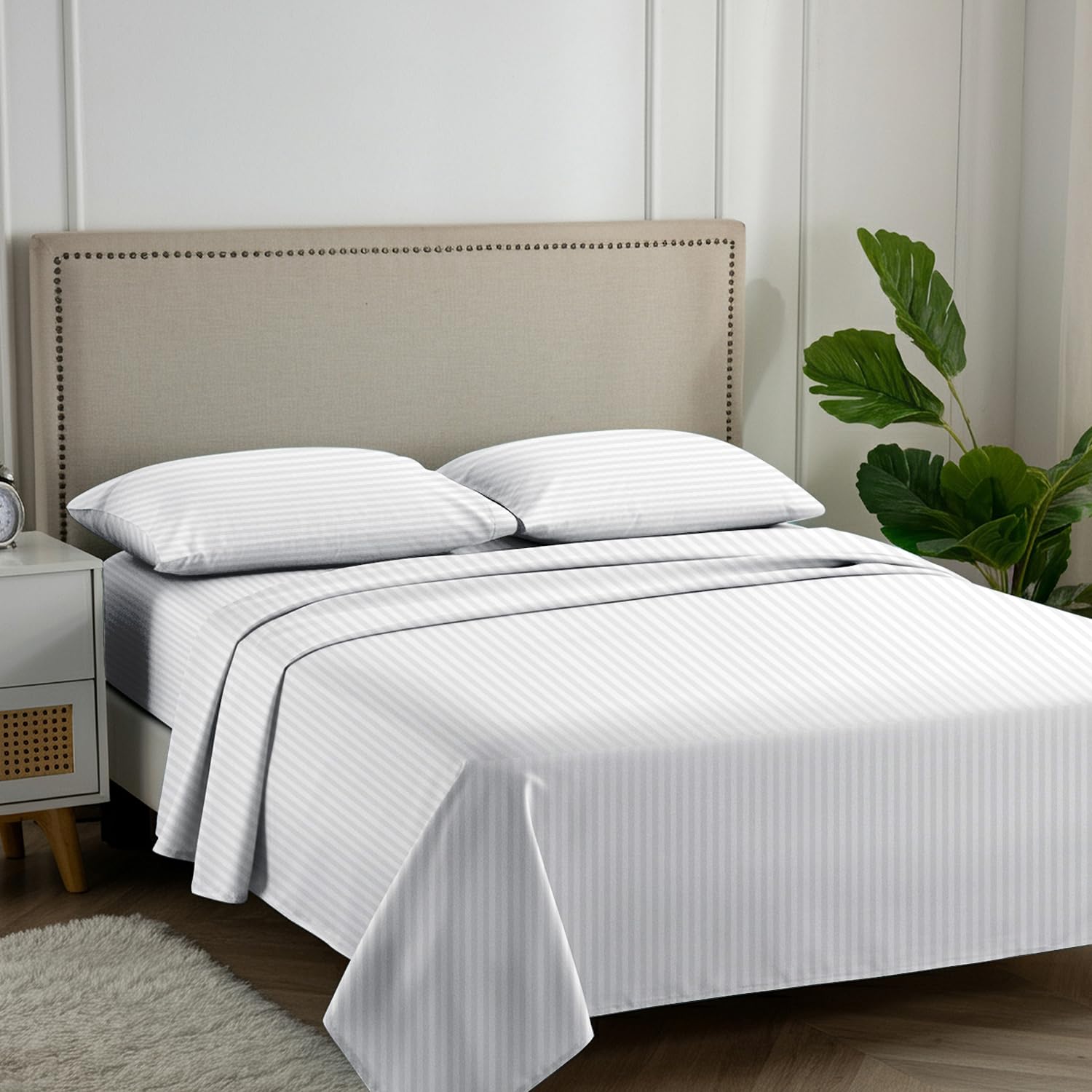 Photo 1 of Carressa Linen Luxury Egyptian Cotton Full Stripe Sheet Set - 600 Thread Count Extra Long Staple 4 PC Set, Crisp White Full Damask Sheets, Soft, Cooling Sateen Weave Sheets Upto 18 in Deep Pocket