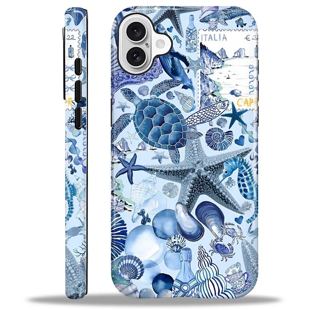 Flivro Magnetic Case for iPhone 16, Compatible with Magsafe,PC Hard Shell & Silicone Inner Bumper,Shockproof Full-Body Cover Slim Design for iPhone 16 Case - Collage Retro Sea Turtle