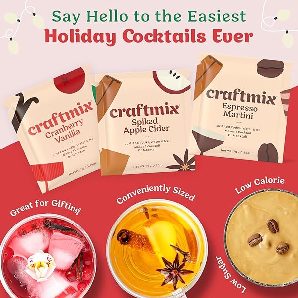CRAFTMIX HOLIDAY VARIETY COCKTAIL & MOCKTAIL DRINK MIXER, SKINNY MIXES – WATER FLAVORING PACKETS – MADE WITH REAL INGREDIENTS – VEGAN, LOW-CARB, LOW-SUGAR, NON-GMO, DAIRY FREE, GLUTEN FREE, 12 PACK