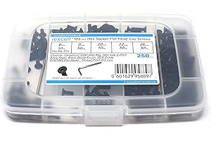 iexcell 250 Pcs M3 x 6/8/10/12/16 Alloy Steel 10.9 Grade Hex Socket Flat Head Cap Screws Bolts Assortment Kit, Black Oxide Finish