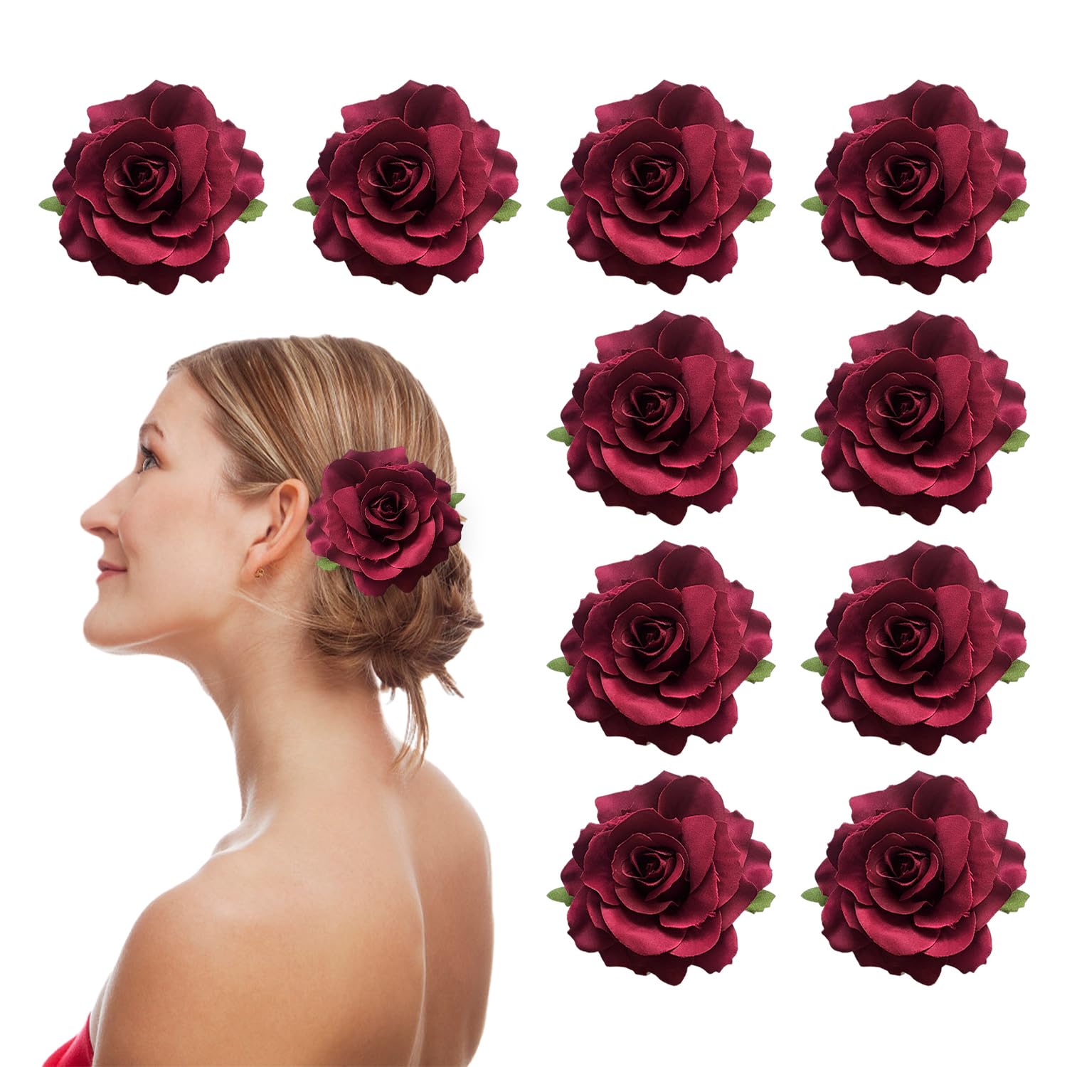 10 Pieces Rose Hair Clips, Women'S Pin Corsages, Red Floral Hair Accessories, Soft Fabric Headbands, Flower Hair Accessories