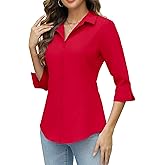 HOTOUCH Women Button Down Shirts 3/4 Sleeve Basic Business Dress Shirt Slim Fitted Classic V Neck Button Up Work Blouse Tops