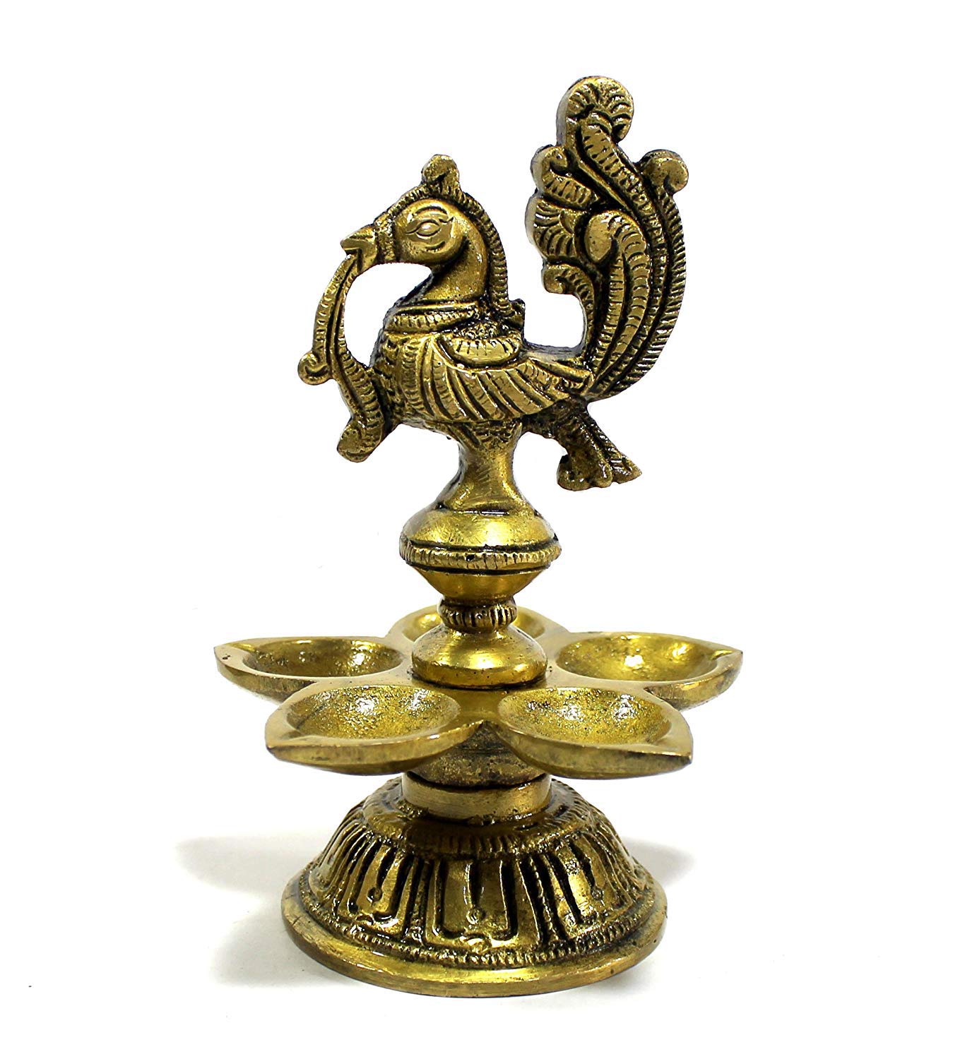 eSplanade Lotus Shaped Round Brass Diya Oil Lamp for Home and Office 5" Peacock Diya Golden
