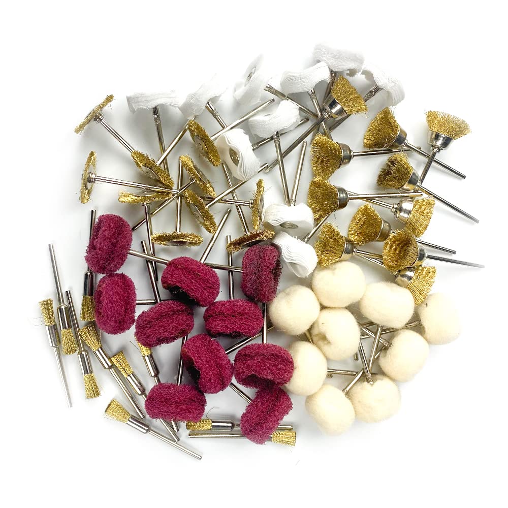 Polishing Buffing Wheels Little Buffer Wheel Kit Rotary Tool Accessories Wool Felt Rubber Grinding Bits Watch Jewelry Agate Shine Polish Drill Bits Rust Remove 3mm Mandrel (BRASS-60PCS)