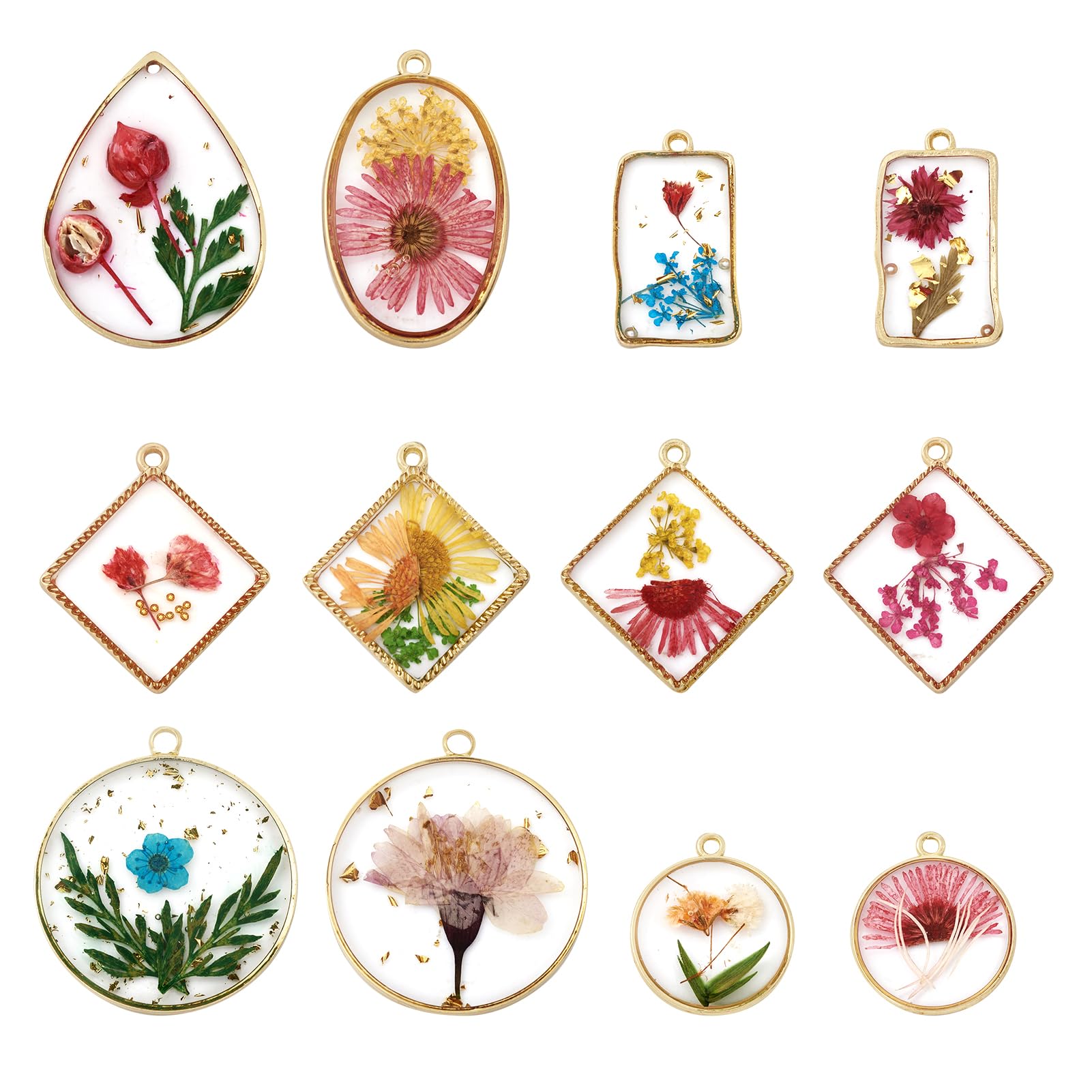 PH PandaHall CHARM 12Pcs Dried Flowers Geometric Resin Pendant DIY Jewelry Making