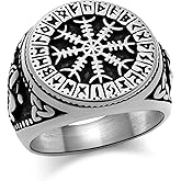 Oaldilee Nordic Battle Axe Ring Viking Vegvisir Pirate Compass Rings Stainless Steel/18K Gold Plated/Black Norse Symbol Vintage Jewelry for Men Women Send Gift Box