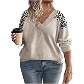 SOLY HUX Women's Plus Size Sweatshirt Leopard Print V Neck Long Sleeve Pullover Tops Fall Clothes