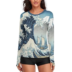 The Great Wave Off Kanagawa Rash Guard for Women UV Protection Long Sleeve Workout Tops Dry Fit Hiking Swim Shirt