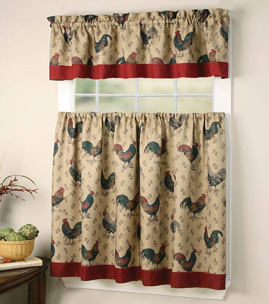 Sapphire Home 3 Piece Kitchen Curtain Linen Set with 2 Tiers 27" W (Total Width 54") x 36" L and 1 Tailored Valance 54" W x 15" L, Kitchen Curtain Décor Linen, Rooster Design