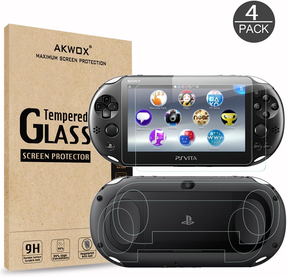 AKWOX (4-Pack) 2 Front+2 Back Covers Screen Protectors for Sony Playstation Vita 2000, 9H Tempered Glass Front Screen Protector and HD Clear PET Back Screen Protective Film for PS Vita PSV 2000