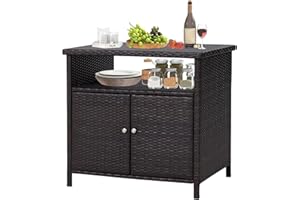 JSUN7 Outdoor Wicker Storage Cabinet - Patio Bar Table with Storage and Doors, Rattan Console Table Buffet Cabinet, Outdoor Storage Unit for Patio, Pool, Garden, Indoor, Kitchen, Dark Brown