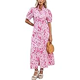Women's Floral Button Down Shirt Midi Dress Casual Puff Sleeve Ruffle Collar Dress Summer Beach Party Dress
