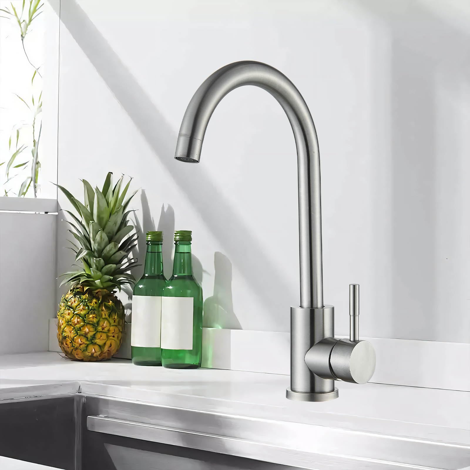 Hevenaov Kitchen Taps Stainless Steel Kitchen Sink Tap Mixer Brushed Nickel Single Lever 360 Swivel Spout Monobloc Mixer Taps for Sink 1 Hole High Arc Stainless Steel Faucet Brushed Steel