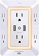 USB Wall Charger, Surge Protector, POWRUI 6-Outlet Extender with 2 USB Charging Ports (2.4A Total) and Night Light, 3-Sided Power Strip with Adapter Spaced Outlets - White，ETL Listed