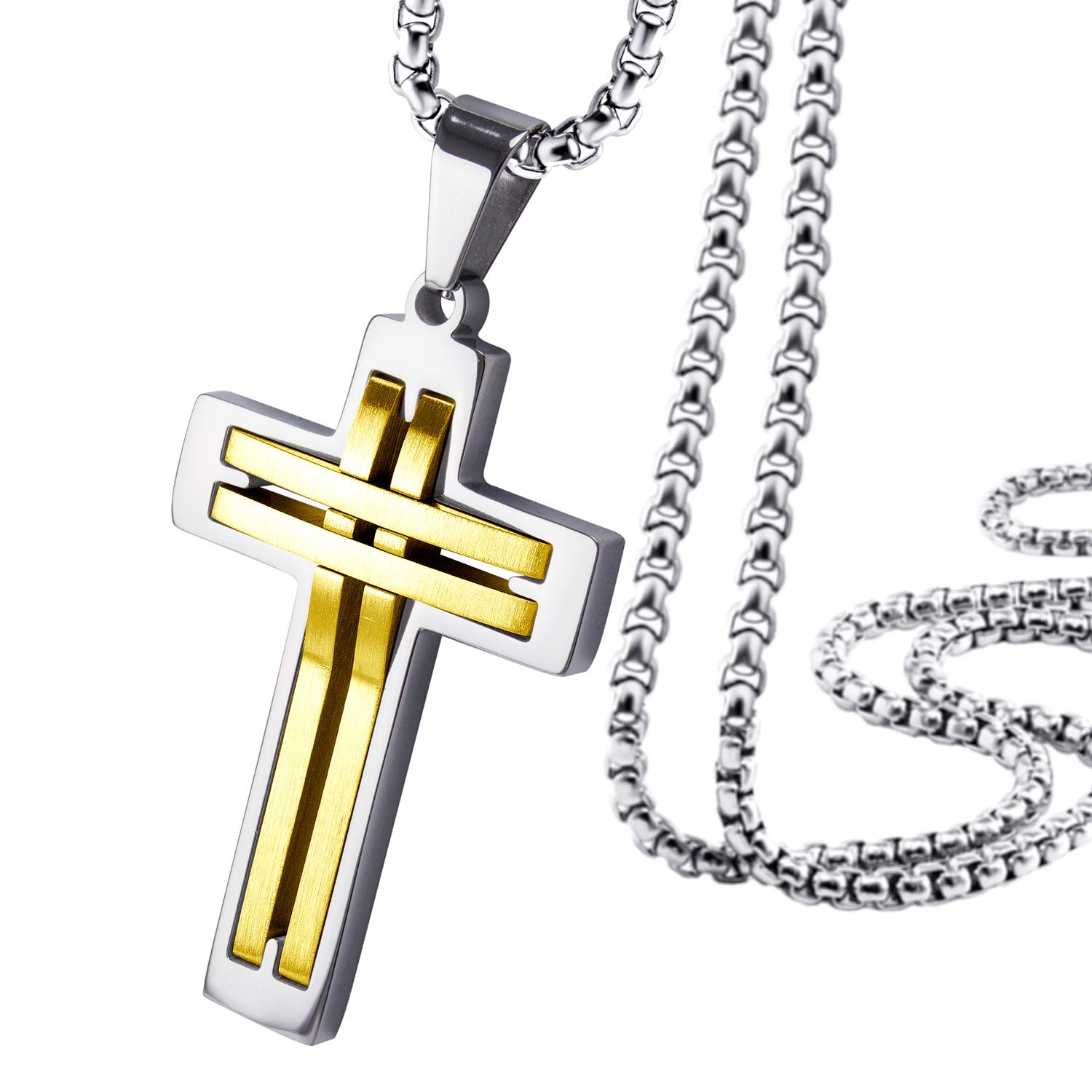 555Jewelry Stainless Steel Cross Necklace for Men, Grooved Half Dome Shape Matte Cross & Polished Border Religious Crucifix Cross Pendant for Men & Women, Silver/Gold, 18 Inches Box Chain