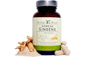 Herbal Roots Panax Ginseng | Organic Korean Ginseng Root Powder | 1000mg | High Ginsenosides for Energy & Performance | 60 Vegan Capsules