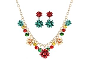 YAHPERN Christmas Necklaces For Women X-Mas Jingle Bell Light Bulbs Chunky Collar Necklaces Jingle Bell Drop Dangle Earrings Set Holiday Gift