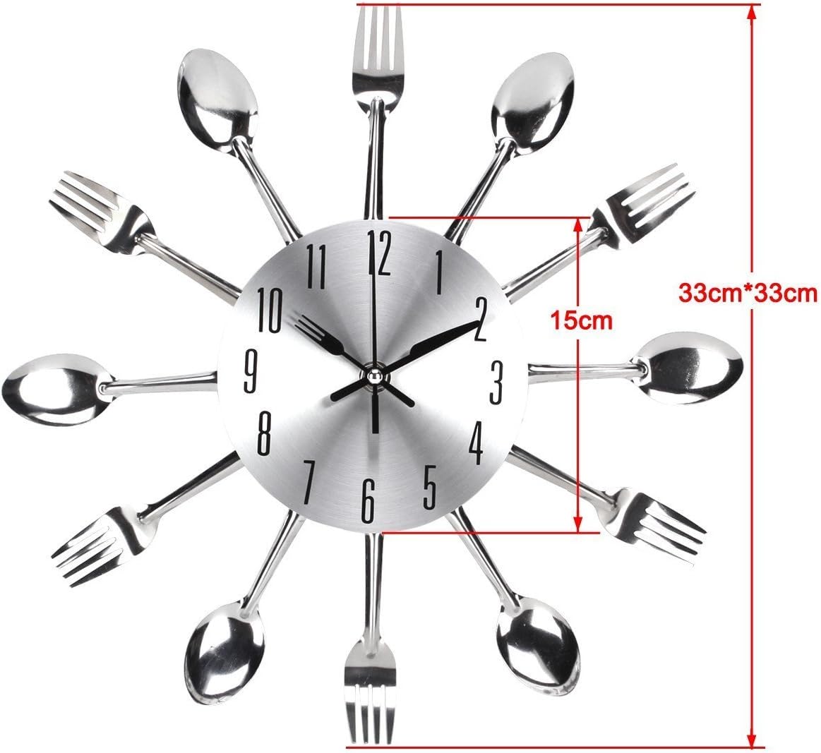 Timelike Kitchen Wall Clock, 3D Removable Modern Creative Cutlery Kitchen Spoon Fork Wall Clock Mirror Wall Decal Wall Sticker Room Home Decoration (Sliver): Home & Kitchen