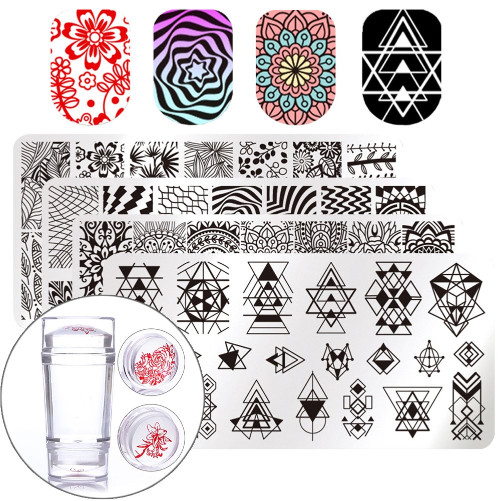 BORN PRETTY Nail Art Stamp Stamping Templates Stamper Scraper Kit- 4 Manicure Plates Set with 1 Polish Stamper by Salon Designs