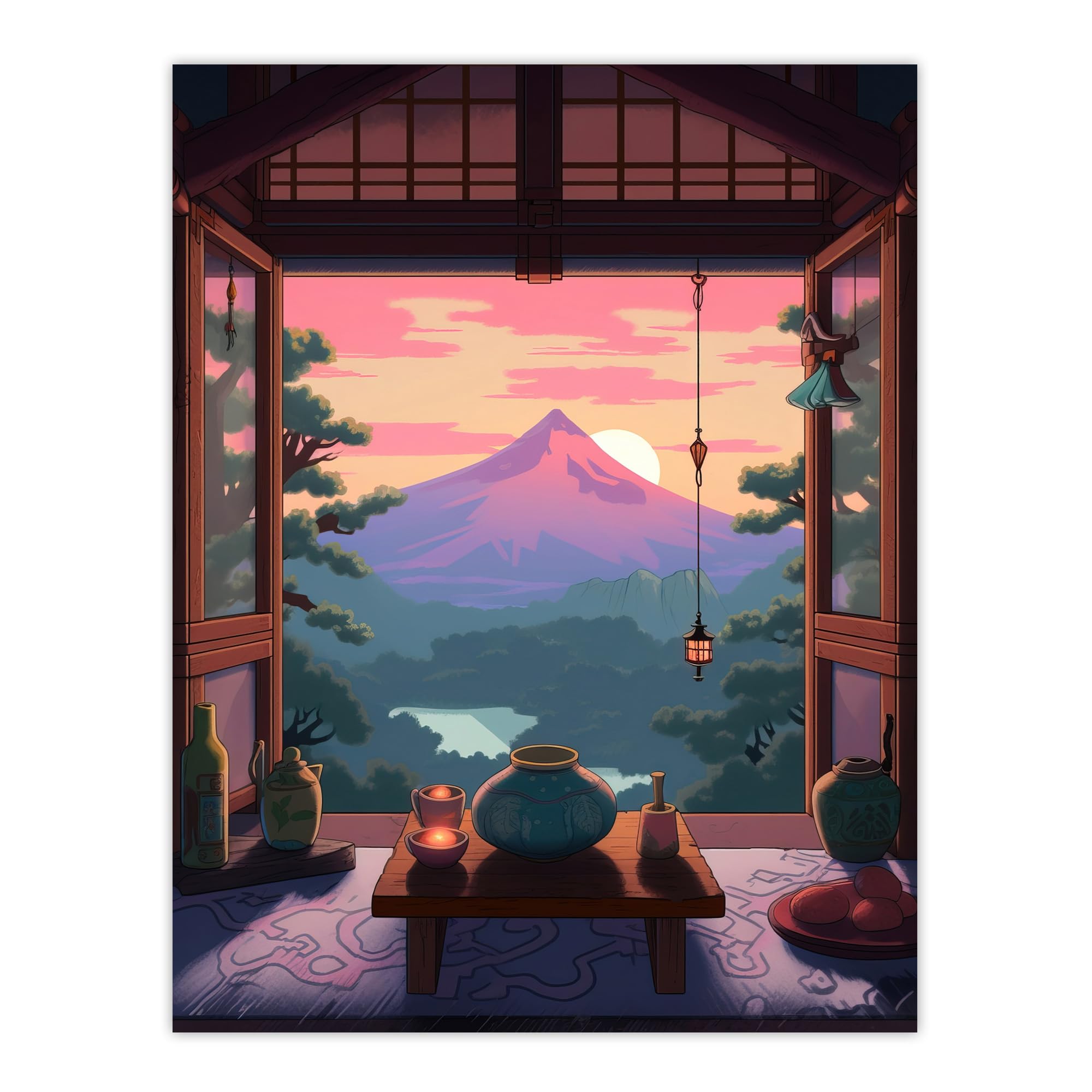 Artery8 Mount Fuji View from House Patio Colourful Painting Traditional Tea Ceremony Japanese Hospitality Sunset Mountain Landscape Unframed Wall Art Print Poster Home Decor Premium