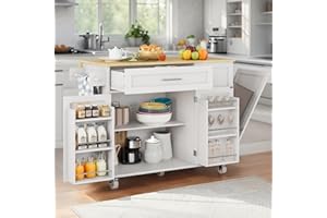 LOTATOOLS Kitchen Island with Storage, 43.3" Island Table for Kitchen with Widen Drop Leaf Rubberwood Top, Trash Can Storage and Towel Bar, Rolling Kitchen Island Cart on Wheels for Indoor Outdoor, White