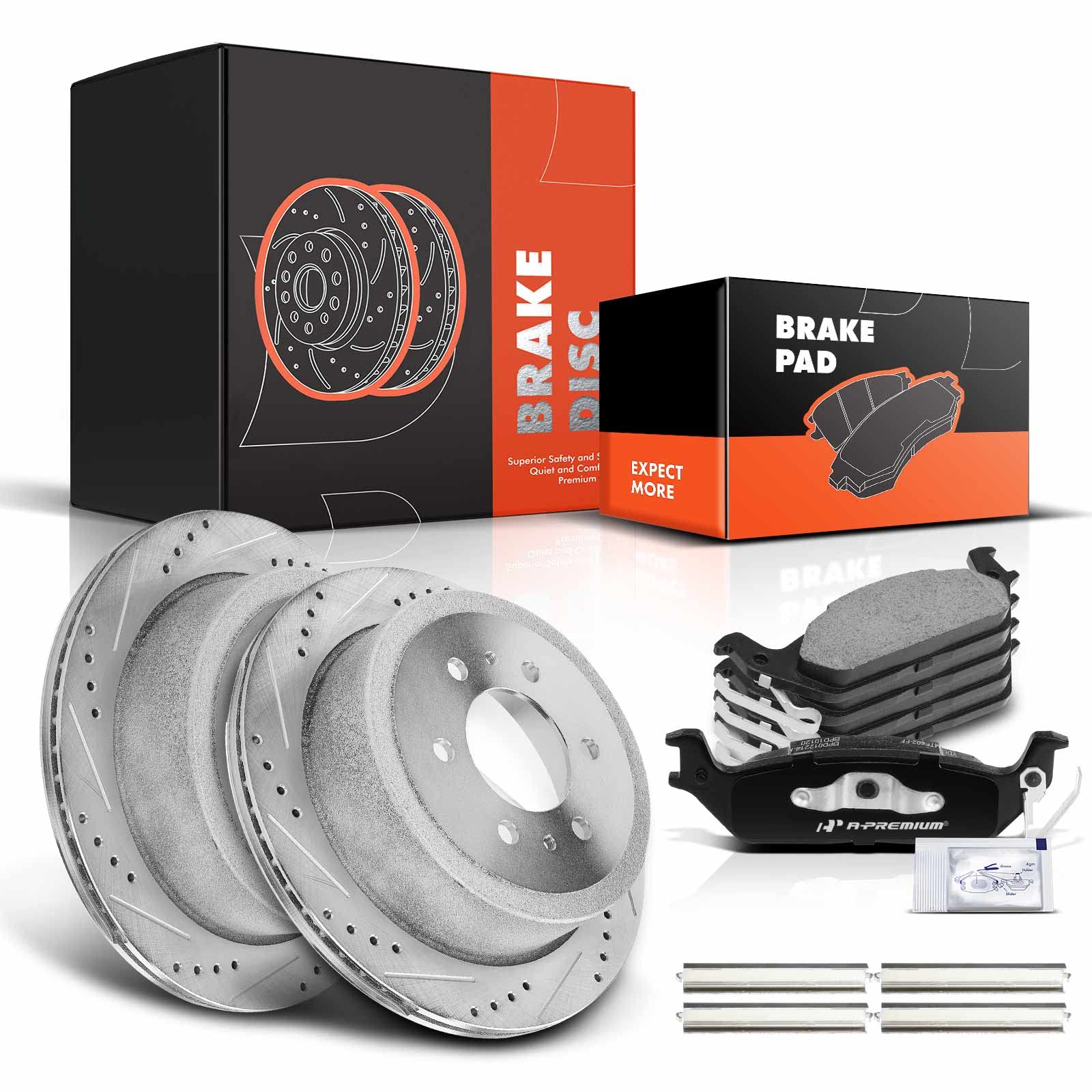Photo 1 of A-Premium 13.70 inch (348mm) Rear Drilled and Slotted Disc Brake Rotors + Ceramic Pads Kit Compatible with Select Ford and Lincoln Models - For F-150 2004-2011, Mark LT 2006-2008, 6-PC Set