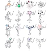 Wrlcorly 16Pcs Dangle Nose Rings Studs for Women 20G Stainless Steel L Shaped Dangling Nose Stud Flower Butterfly Heart Star Arrow Snowflake Leaf Bowknot Feather Snake Moon Wing Water Drop Planet CZ Nose Piercing Jewelry Gold Silver Tone