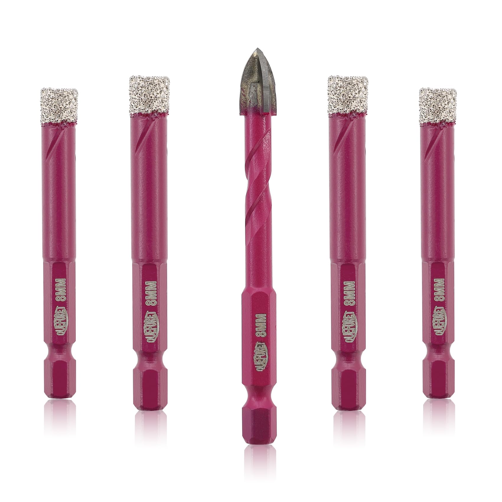 QUEFORET Diamond Drill Bits Set 5pcs - 4pcs 8mm Dry Hole Saw, 1pc 8mm Carbide Bit for Ceramic Porcelain Tile Marble Granite, Quick Change Hex Shank