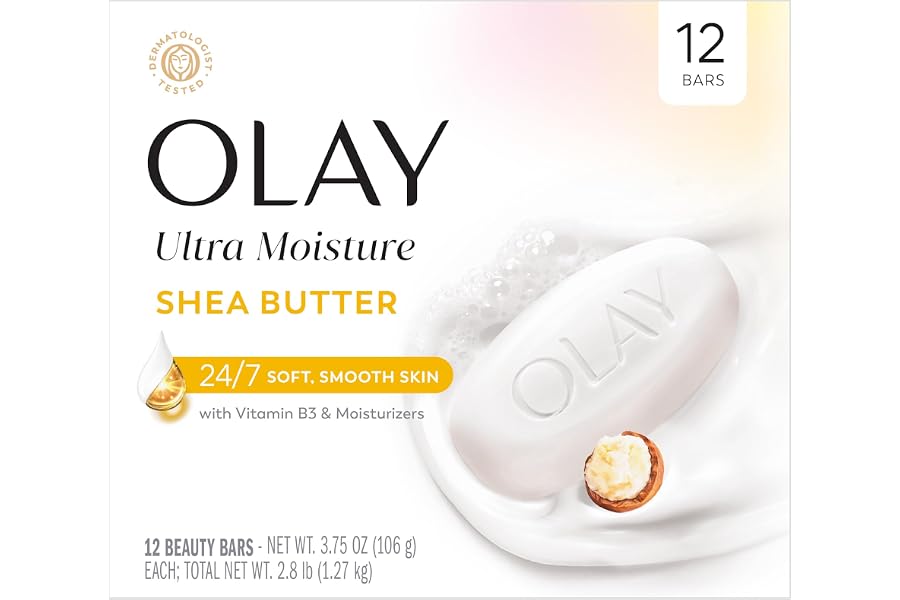 Olay Beauty Bar, Ultra Moisture,10x More Moisturizers, 24/7 Soft & Smooth Skin, Gentle Cleanse on Face & Body, Vitamin B3 Complex, For All Skin Types, Shea Butter Scent, 3.75 oz, (12 Count)