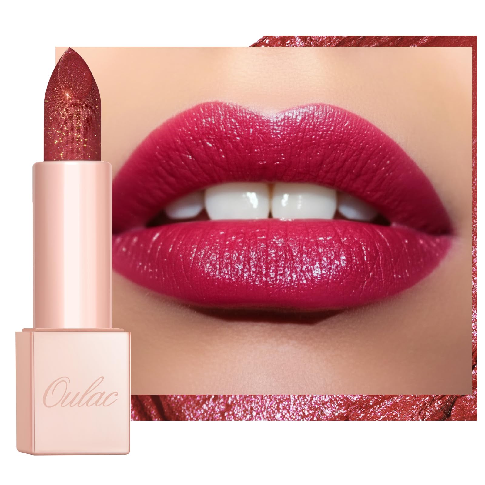 Oulac Red Glitter Lipstick - Rose Moisture Tinted Lip Balm, Metallic Sparkly Finish, Shiny lipstick, High Pigment, Creamy Brilliant Lip Color with Shea Butter, Vegan D03 Soirée Red — image 1