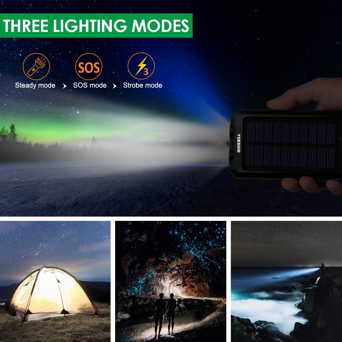 Solar Charger 20000mAh YOESOID Portable Solar Power Bank Outdoor Waterproof Camping External Backup Battery Pack with Dual USB Ports 2 LED Light Carabiner and Compass, Compatible Most Smart Phones