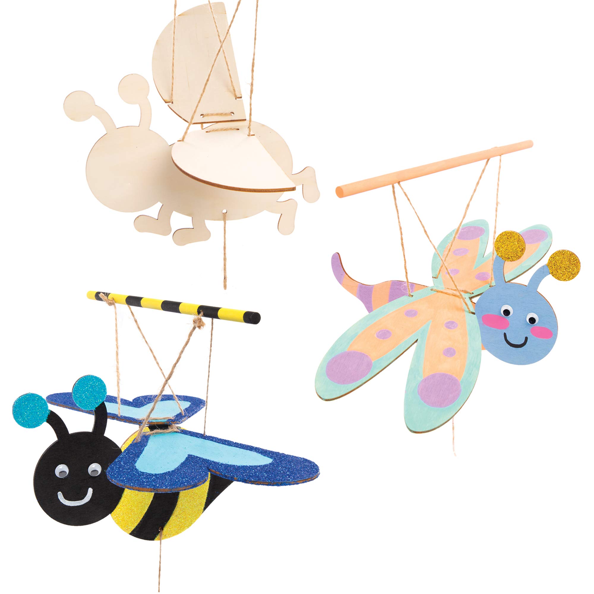 Baker Ross AT608 Bug Wooden Flying Puppet Kits - Pack of 3, Story Telling, Woodcraft Painting for Kids, Great for Art Parties, Schools and Festive Crafting Activities